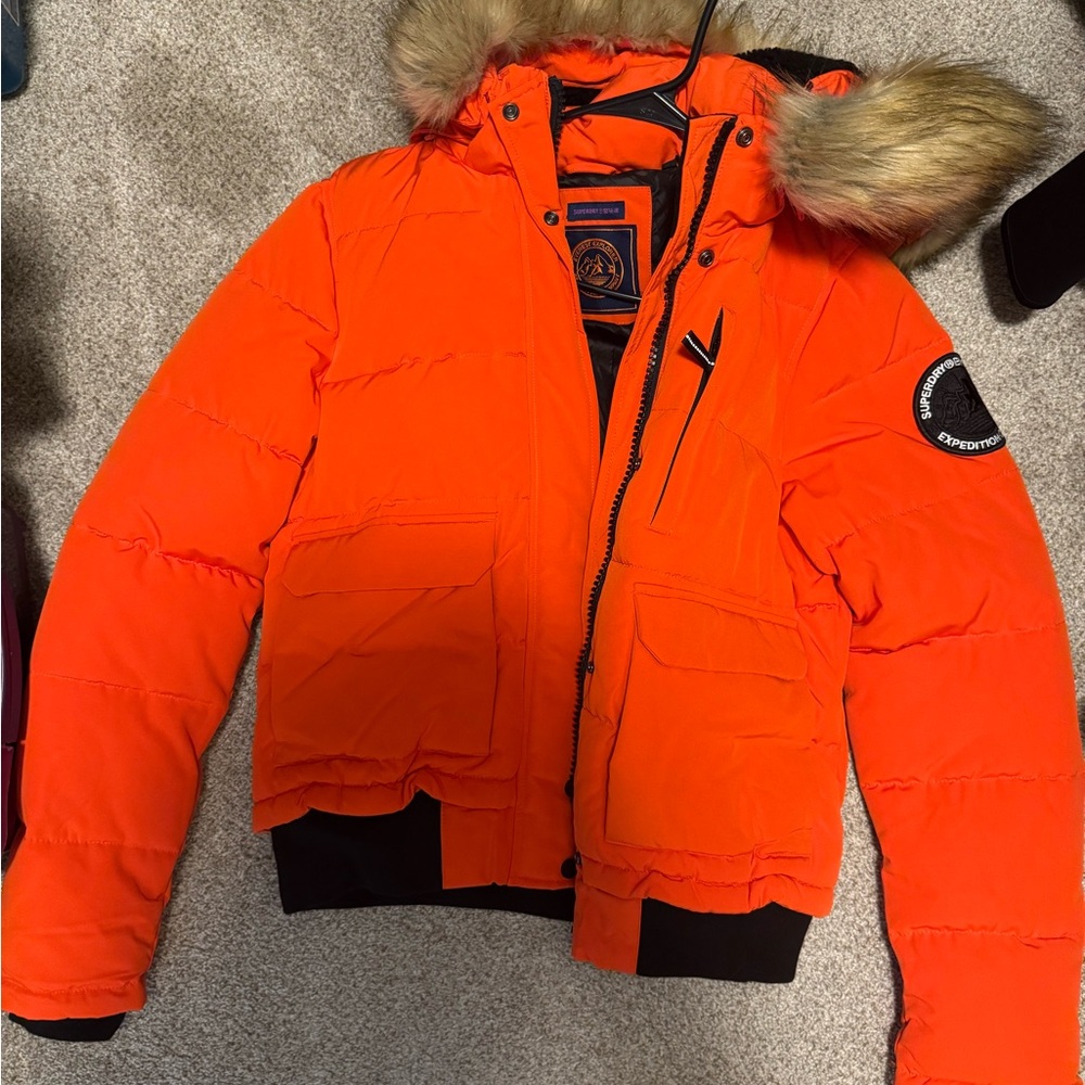 Superdry Orange Fur-Trimmed Puffer Jacket
